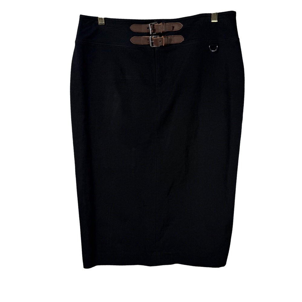 Lauren Ralph Lauren Black Pencil Skirt Size 8 Cotton Stretch Buckle Waist Detail